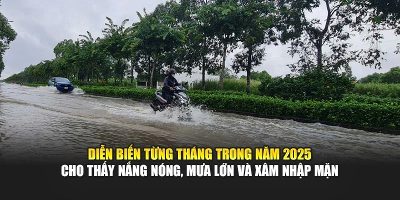 Diễn biến từng th&aacute;ng trong năm 2025 cho thấy nắng n&oacute;ng, mưa lớn v&agrave; x&acirc;m nhập mặn